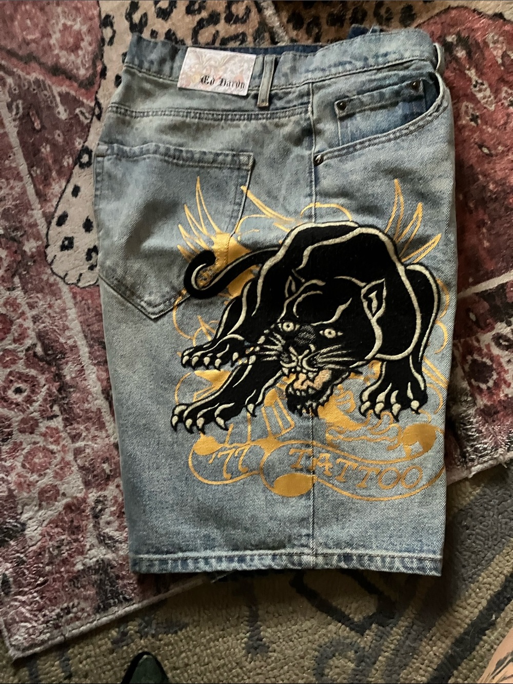 Ed Hardy Light Blue Denim Shorts with Black Panther & Gold Tattoo Graphic